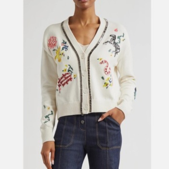Cinq a Sept Nyla embroidered beaded animal cardigan in cream ivory - Picture 3 of 8